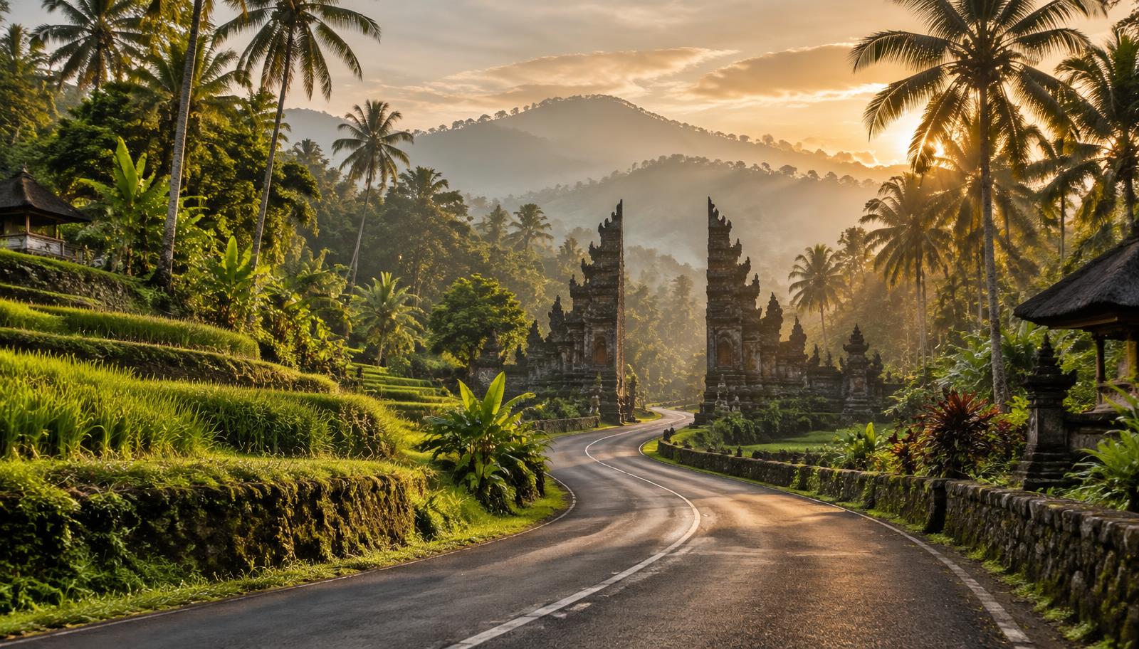 Scenic Balinese road leading through a traditional split gate at golden hour